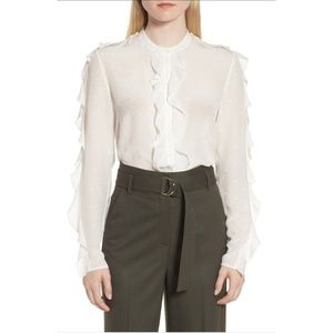 NWT Lewit Ivory Silk Ruffle Embroidered Top Sz XL